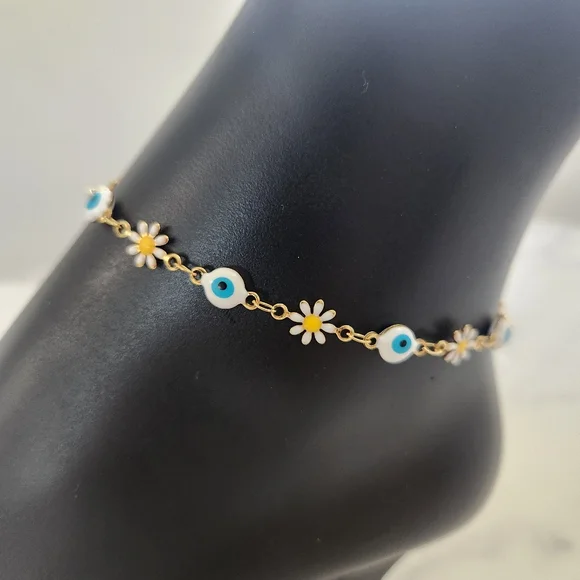 Stainless Steel White Blossom Evil Eye Gold Plated Floral Charm Anklet Bracelet - Picture 7 of 15